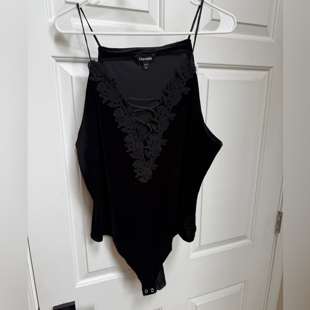 Express Black Velvet Lace-Up Bodysuit